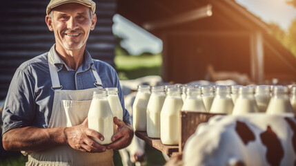 Closeup portrait of an old man farmer with glass bottles of milk stands on the farmland with barn and cow on background - obrazy, fototapety, plakaty