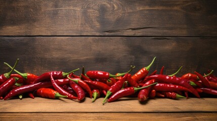Red hot chili peppers on a brown wooden table