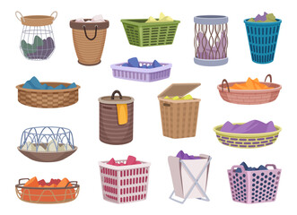 Bin for clothes. Baskets for laundry room dirty clothes exact vector pictures in colored style