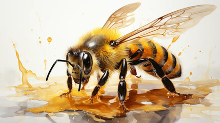 Watercolor illustration of a bee on a light background. Farm animal life - obrazy, fototapety, plakaty
