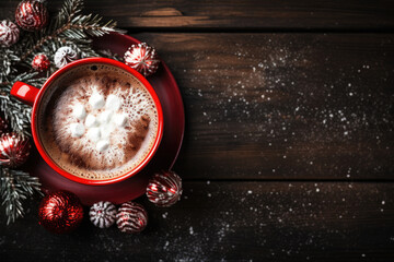 Mug of cocoa with marshmallow placed near fir twigs on wood background in christmas time