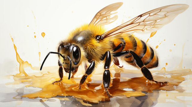 Watercolor illustration of a bee on a light background. Farm animal life