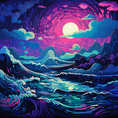 Otherworldly Neon Sea Illustration with Hand-Drawn Accents