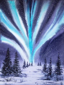 Hand painted watercolor northern lights landscape. Watercolor winter landscape. Watercolor aurora.