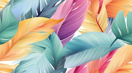  a close up of a bunch of colorful leaves on a white background with a blue, yellow, pink, and green color scheme.