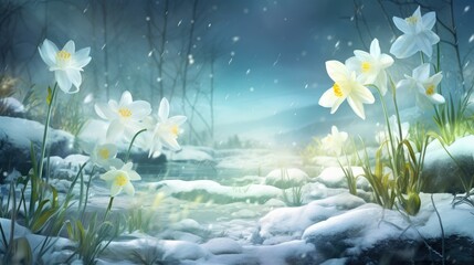 Fototapeta na wymiar Snowdrop flowers landscape background. Beautiful snowdrops growing in snow in early spring forest illustration of nature for wallpaper, postcard, banner, backdrop, web, card, poster, cover, print.