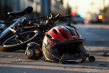 Helmet and bike lying on the road after a car hit a cyclist on a pedestrian crossing - obrazy, fototapety, plakaty