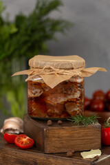 Glass jar of homemade stewed roe deer meat