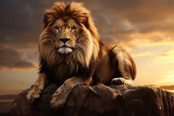 Stunning Scene of Majestic Lion with Beautiful Mane on Massive Rock in Striking Lighting