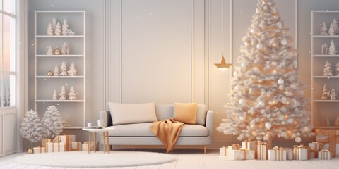 Nordic-themed flat featuring holiday tree and light-colored walls.