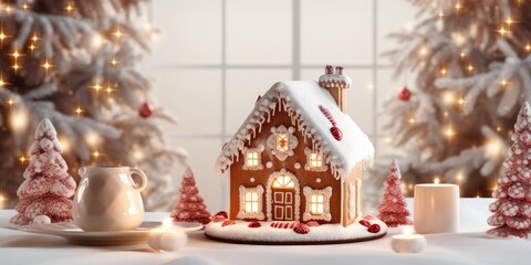 Festive holiday setup with decorated table and gingerbread house on white cloth, adorned with...