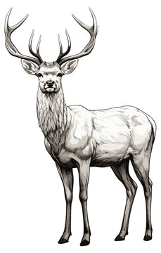 Deer sketch. Forest stag engraving, reindeer animal with large branched horns and fur vintage etching on white background