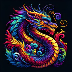 Colorful Illustration of Chinese Dragon on Black Background