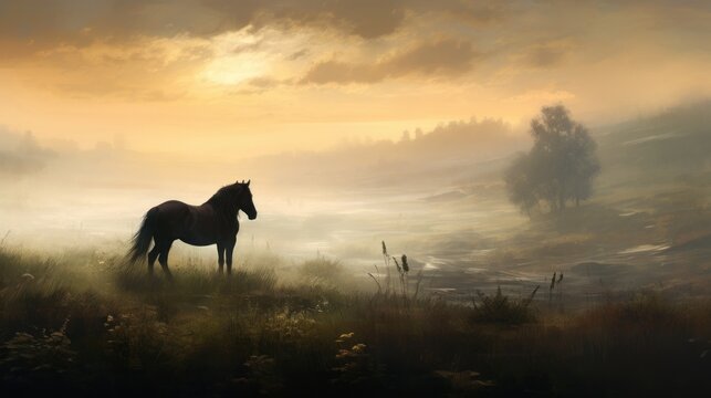  a painting of a horse standing in a foggy field with a sunset in the background and trees in the foreground.
