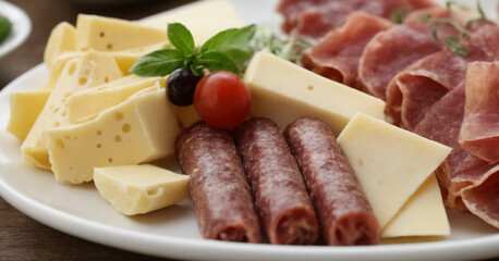 Savor the flavors of a gourmet delicatessen with this enticing photo featuring a platter of Italian and Spanish delights.