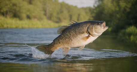 Fototapeta premium Experience the thrill of fishing as a large-mouth bass leaps into the air, capturing the essence of angling excitement.
