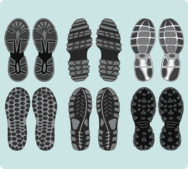 Shoe sole design pattern set vector for footwear, Sneaker, Boots, sandals, chukkas, slippers and flip flop. Shoe footprint silhouettes for sports shoes, running shoe, hiking boots and tracking shoes