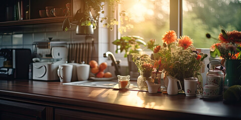 Home window with a cozy vase of beautiful, fresh flowers, enhancing the sunny room. - Powered by Adobe