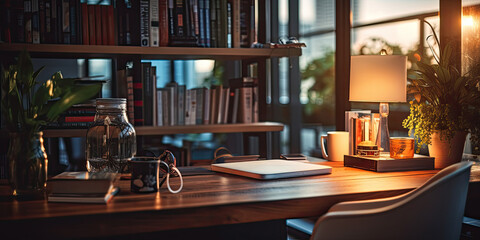 A cozy study space with a wooden table, open books, and vintage decor, perfect for learning. - obrazy, fototapety, plakaty