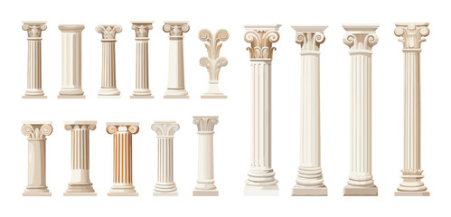 Classic ancient white columns. Isolated column greek and romanian style. Decorative architecture elements, vector collection - obrazy, fototapety, plakaty