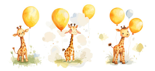 Fototapety  Cute watercolor cartoon giraffe with balloons. Childish style animals, funny wild animal on meadow. Characters for cards, prints, stickers vector set