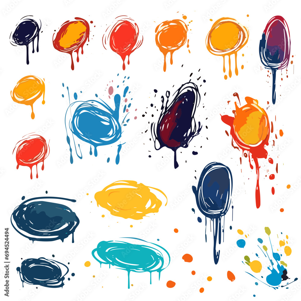 Poster gouache spots and blobs, splashes and drops. paint colorful elements, isolated brush rounds with pai