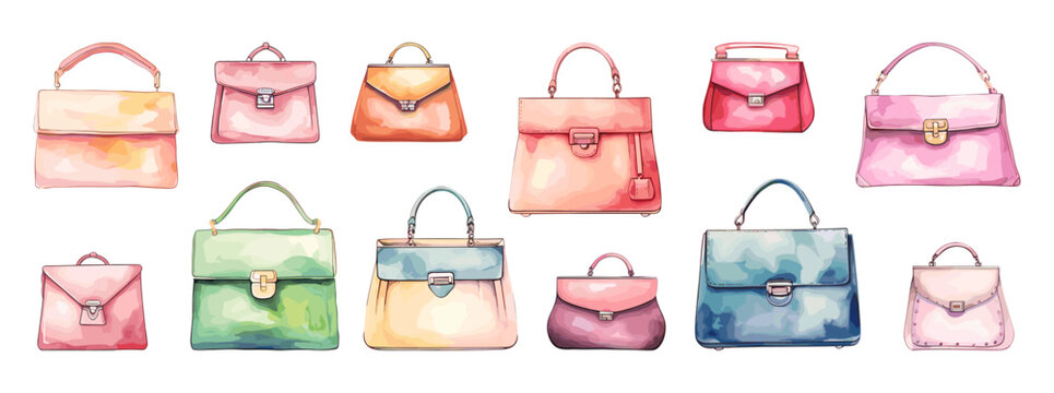 Female fashion purse. Watercolor handbags icons, isolated purses and bags set. Stylish women accessories, vector collection