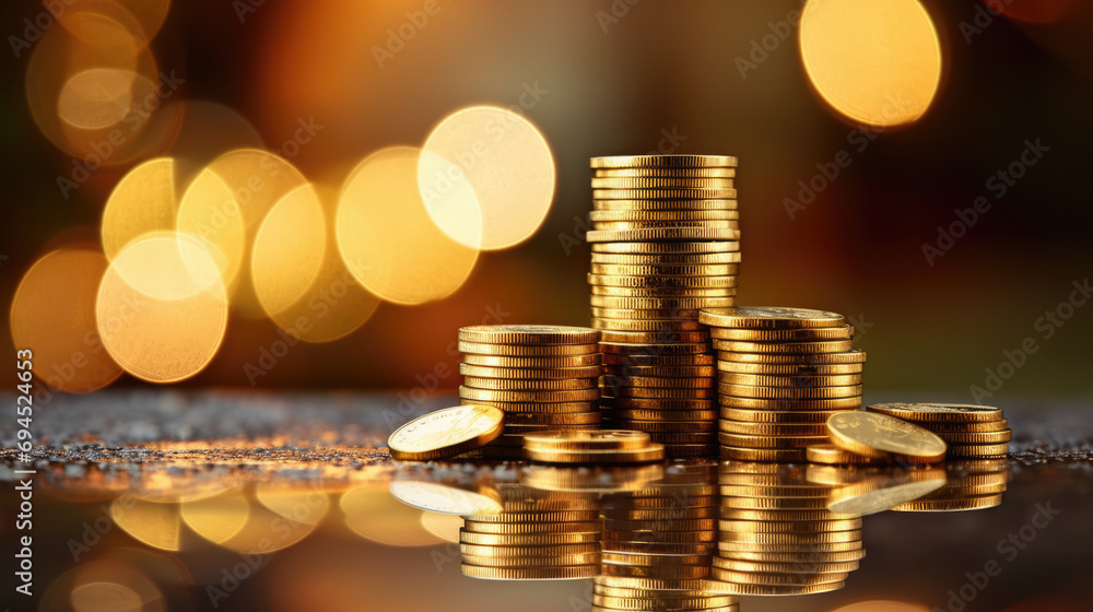Poster multiple stacks of shiny gold coins on a surface with a warm, glowing bokeh light effect in the back