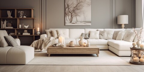Fototapeta na wymiar Cozy living room with white furniture