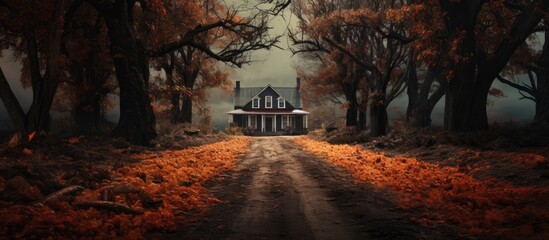 A haunted house stands at the end of a leaf-strewn driveway. - obrazy, fototapety, plakaty