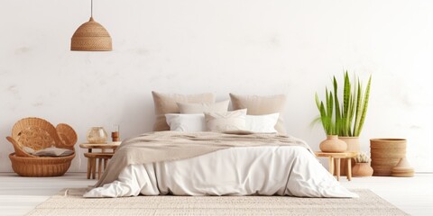 Boho-style mockup of bedroom interior with bed, carpet, table, and white wall background with decor.