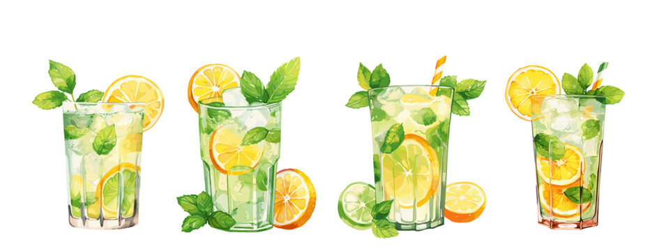 Lemonade in glass, water with citrus and mint. Fresh summer drinks, virgin mojito with orange. Beach bar beverages, vector refreshing clipart