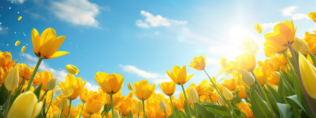 Bright and colorful field of blooming yellow and white tulips under a clear blue sky with the sun...