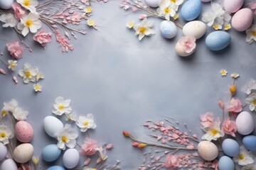 Obraz na płótnie Canvas Pastel color Easter eggs arrangement on light blue concrete background, top view, copy space for text