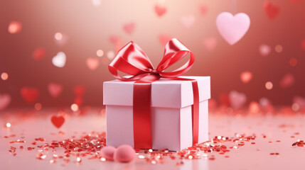 Gift box tied with a ribbon, surrounded by small hearts and a bokeh light effect on a pink background, suggesting a romantic occasion like Valentine's Day.
