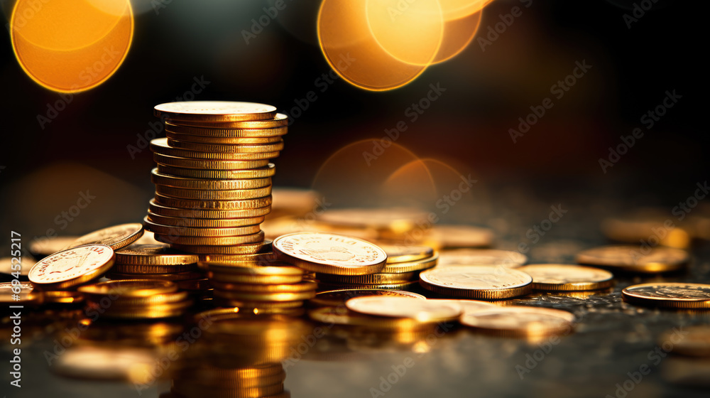 Poster multiple stacks of shiny gold coins on a surface with a warm, glowing bokeh light effect in the back