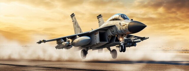 Combat military fighter rapidly takes off at high speed from the runway for tracking and hitting a target with copy space - obrazy, fototapety, plakaty
