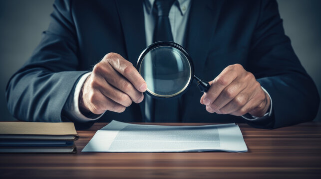 Businessman holding magnifying glass zoom and analyzing financial indicators