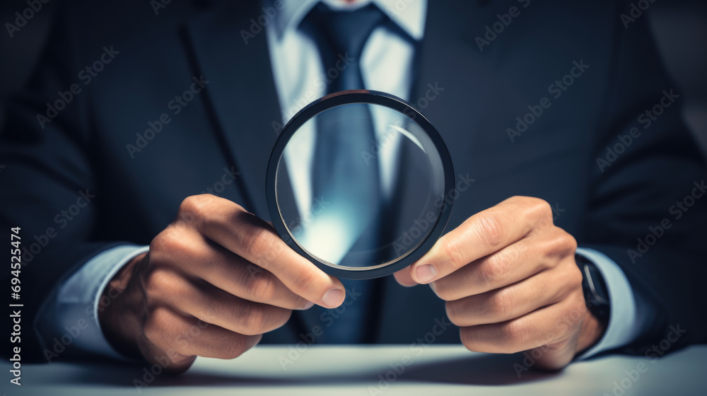 Poster businessman holding magnifying glass zoom and analyzing financial indicators