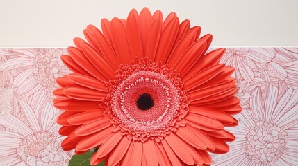  a large red flower sitting on top of a white wall next to a wallpaper covered in white and pink flowers.