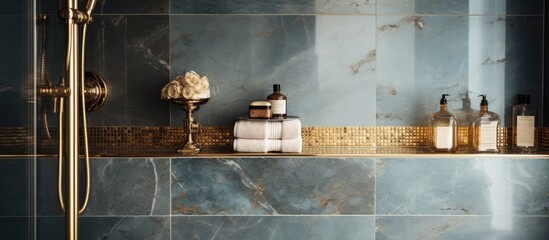 An opulent shower with marble walls, mosaic floor, shelves, and gold faucet. - obrazy, fototapety, plakaty