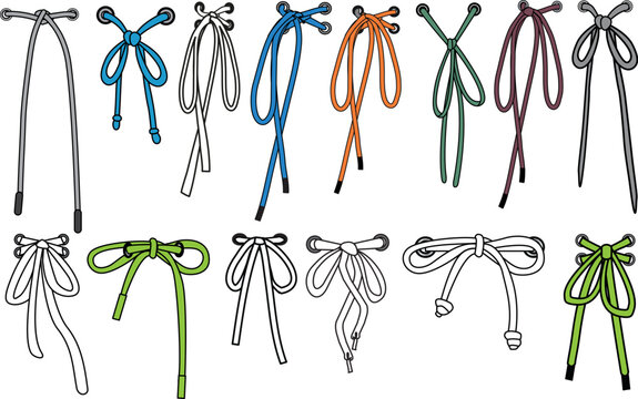 Drawstring cord flat sketch vector illustrator. Set of bow knot Draw string with aglets for Waist band, bags, shoes, jackets, Shorts, Pants, dress garments, Drawcord for Clothing to pulled or tighten