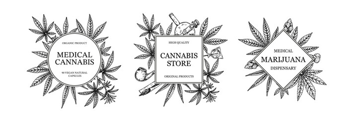 Set of medical cannabis frame. Marijuana plant design for logo template, packaging, social media posts. Medicinal legalisation vector illustration in sketch style - obrazy, fototapety, plakaty
