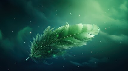  a close up of a green feather floating in the air with stars in the sky and clouds in the background.