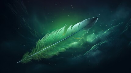  a close up of a green feather on a dark background with a blurry image of the sky in the background.