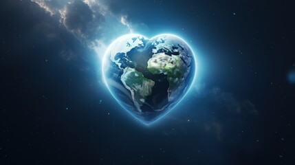  the earth in the shape of a heart in the middle of the night sky with clouds and stars in the background.