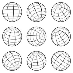 Collection of outline earth globes. Monochrome globe icon - obrazy, fototapety, plakaty