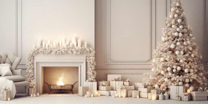 Scandinavian Christmas theme: beige interior, tree, fireplace, gifts, mockup frame.