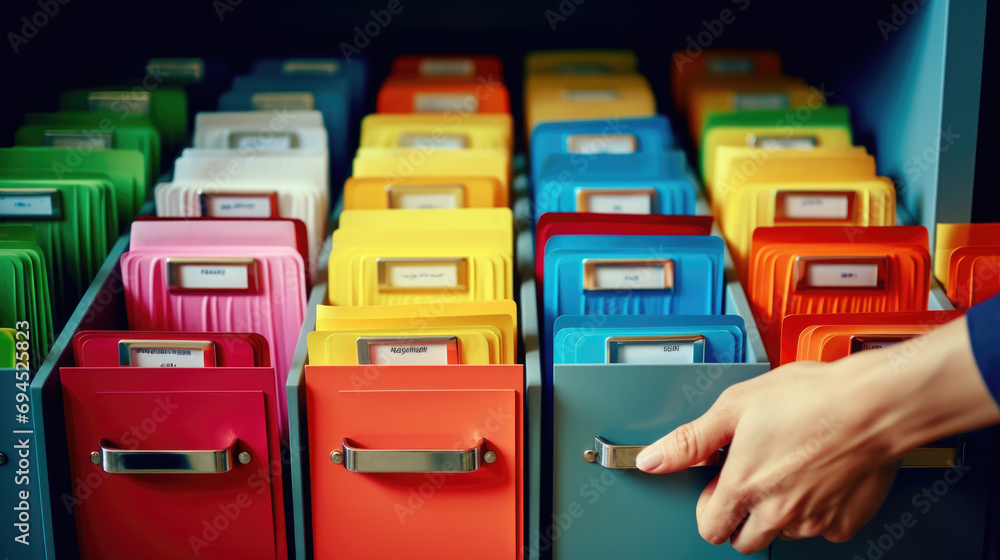 Poster close-up of a person in a business suit searching through open file drawers full of documents.