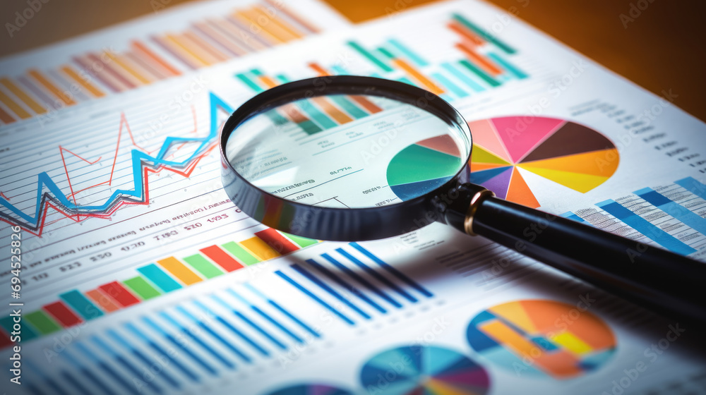 Aufkleber printed business documents with colorful charts and graphs being analyzed through a magnifying glass